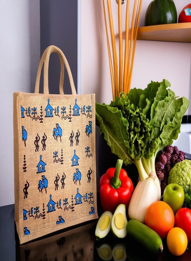 Mispacio Jute Lunch Bag with Tribal Print | Strong Zipper Closure, Eco-Friendly Blue & Black Tote for Office, School, Picnic, Shopping & Travel | Large Tiffin Bag | 12" x 14" x 5" | Pack of 1 - Image 2